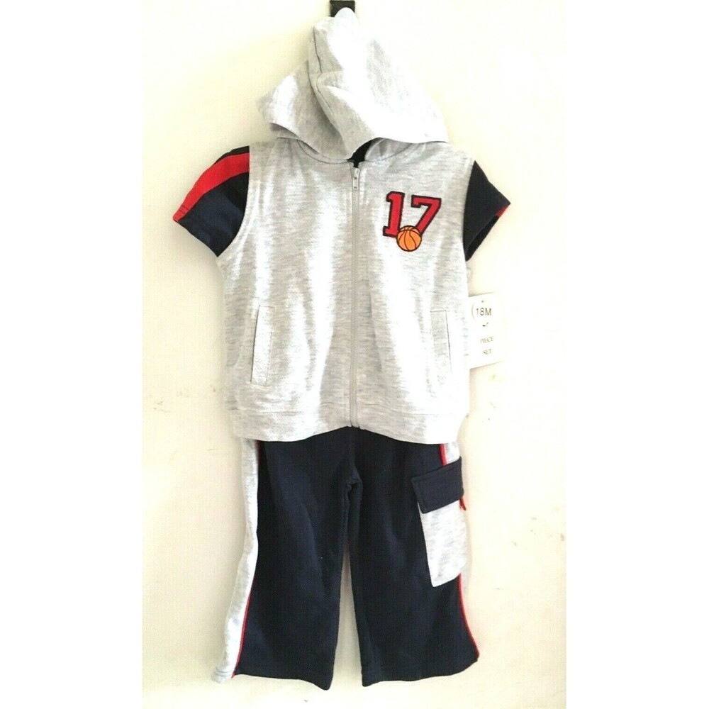 Baby Boy's 3 Piece Outfit Pants Shirt Vest 18 Months Lightweight Blue Grey Red